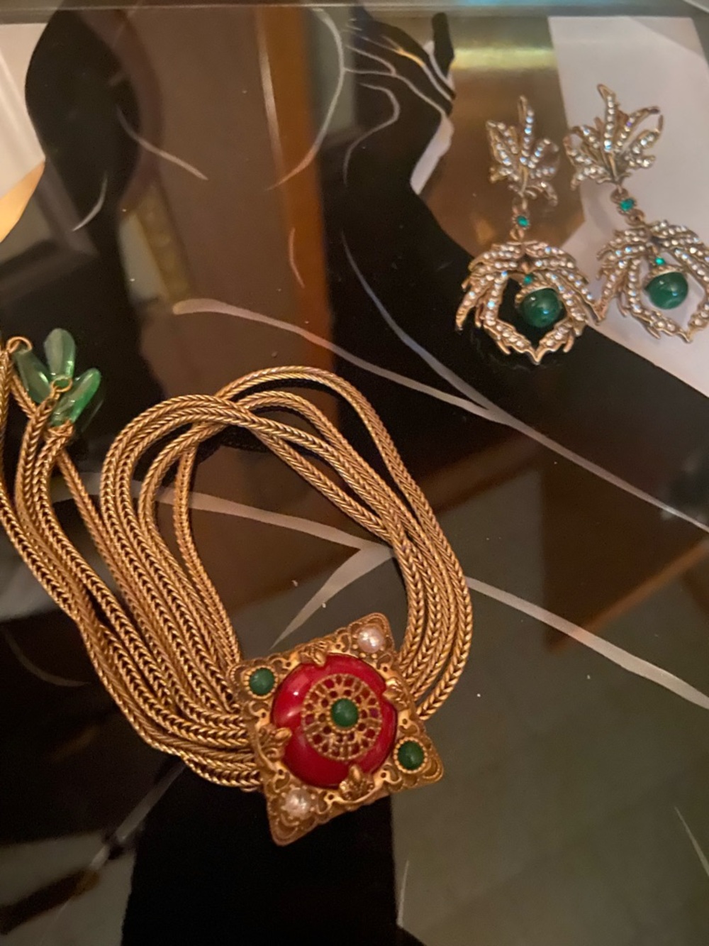 Antique Gold Multi-Strand bracelet with Red and Green Pendant and earrings
